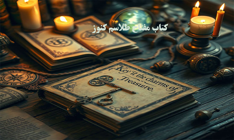 «جلد کتاب باستانی «مفتاح طلاسم کنوز» با طراحی قدیمی و تزئینات سنتی، نمادی از دانش ۸۰۰ ساله در زمینه باطلسازی طلسمهای دفینه و گنجیابی.»